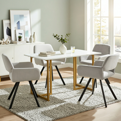Homy Casa Slip 5PC Dining Set 55” White Marble Finish Table with Gold Base and 4 California Fabric Chairs in Beige
