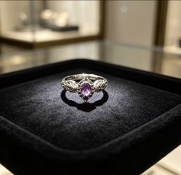 Pretty Vintage Style Lavender Oval Shaped Silver Tone Adjustable Ring