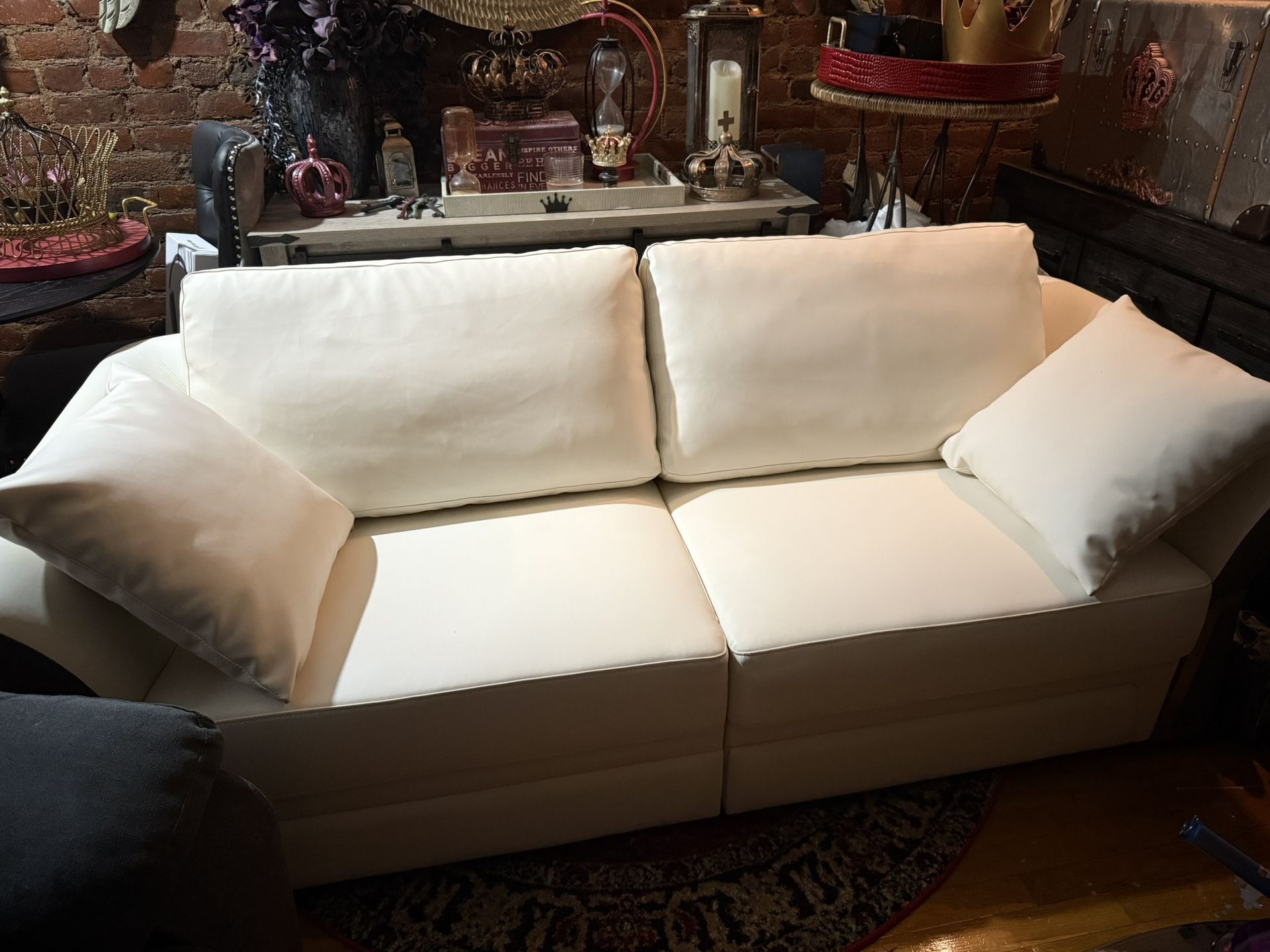 White And Brown Faux Leather Sofa With Dull Gold Accents