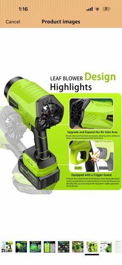 Leaf Blower Cordless with Battery and Charger 1000,000 RPM Handheld Lightweight Patio Cleaning Blower Set Extended Nozzle Design Blowing Leaves and Du