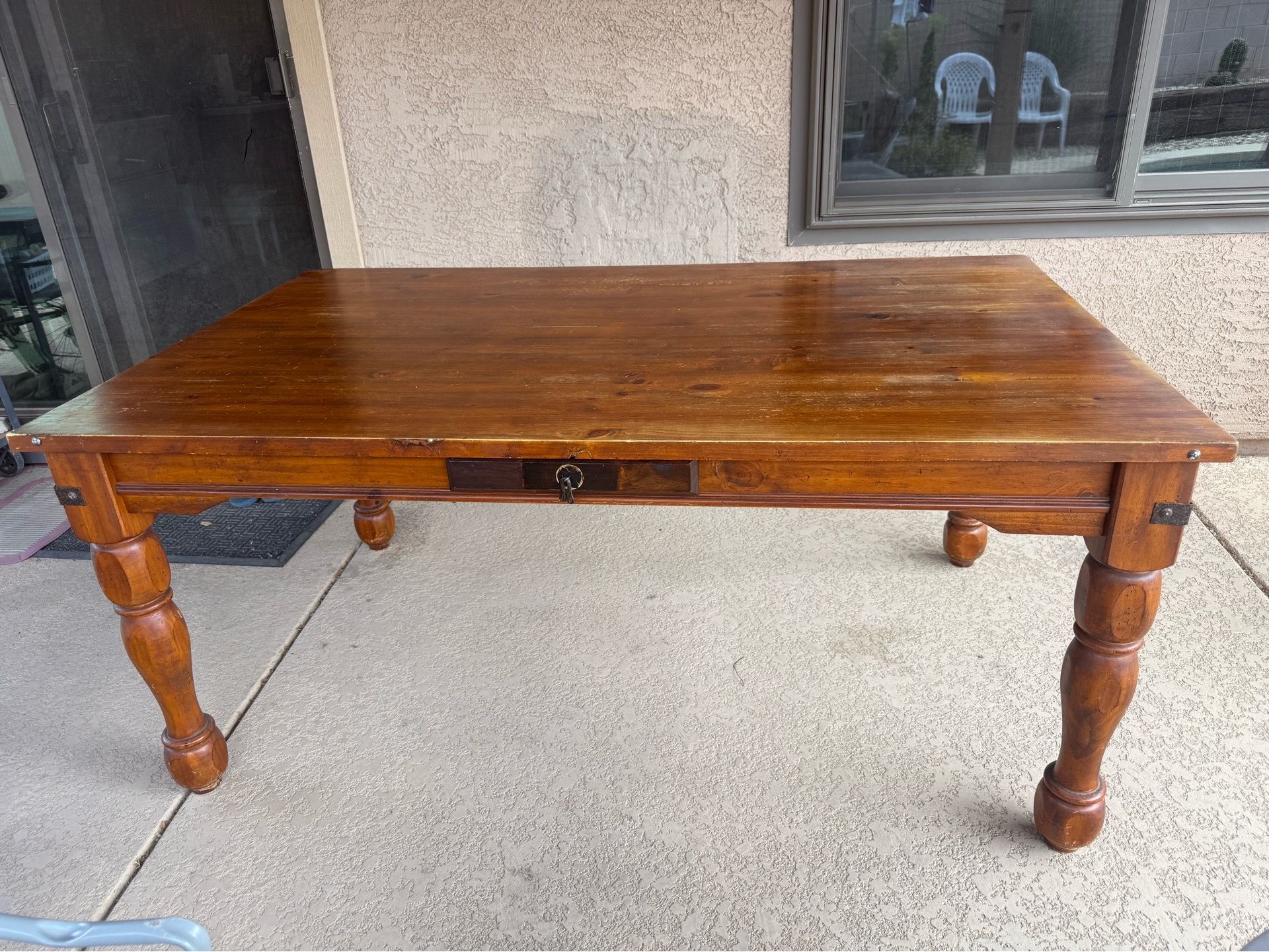 Dining Table With Metal Hardware And Drawers Regular Wear & Tear W Scuffs Solid Wood Great For Refurbish Or Immediate Use!