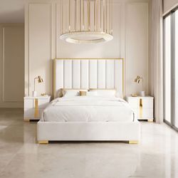 Frame Queen White and Gold finish, White Velvet Fabric, Metal gold accent trim. Platform bed, New Especial price