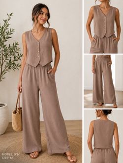 Women’s 2 Piece Outfit Size M – Beige Wide Leg Pants Set