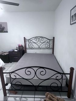 Queen bed frame + free matress - moving sale in description