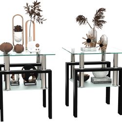 Glass End Tables Living Room Set of 2, Small Glass Table, Black Side Table with Tempered Glass Top, Metal Frame, for Living Room Bedroom (Black, 2Pcs 