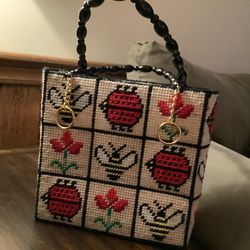 New Handmade needlepoint tote bag with bees ,lady bugs and flowers and black bead handle and silk lining
