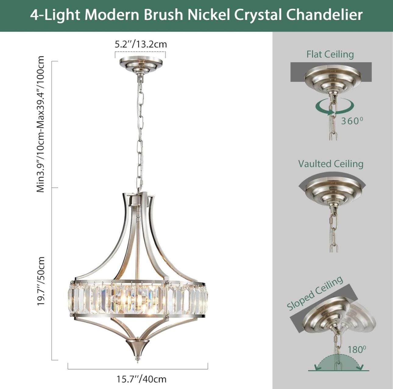 Modern Crystal Chandelier Brushed Nickel, Round Pendant Lighting Fixtures, 15.7" Height Adjustable Farmhouse Ceiling Light for Living Room, Kitchen Is