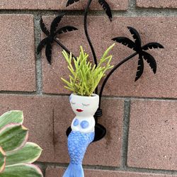 Succulent Growing From Mermaid Perched Between Metal Palm Tree Display 