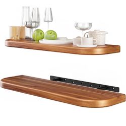 BATODA 24" Acacia Wood Floating Shelves Wall Mounted (Round Edge) – Rustic Farmhouse Wooden Wall Storage Shelf for Bedroom, Kitchen - Brackets and She