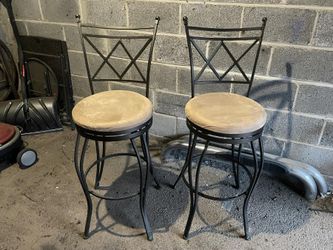 2 Barstools Tan Faux Suede Metal Sturd Spinnig