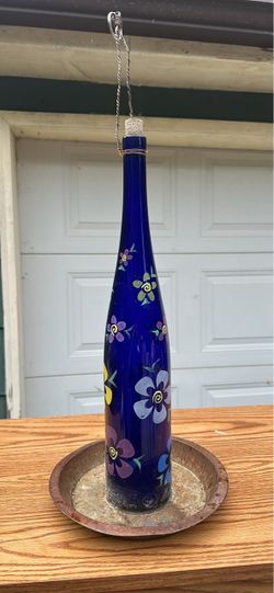 Hand-Painted Cobalt Blue Glass Wine Bottle Bird Feeder