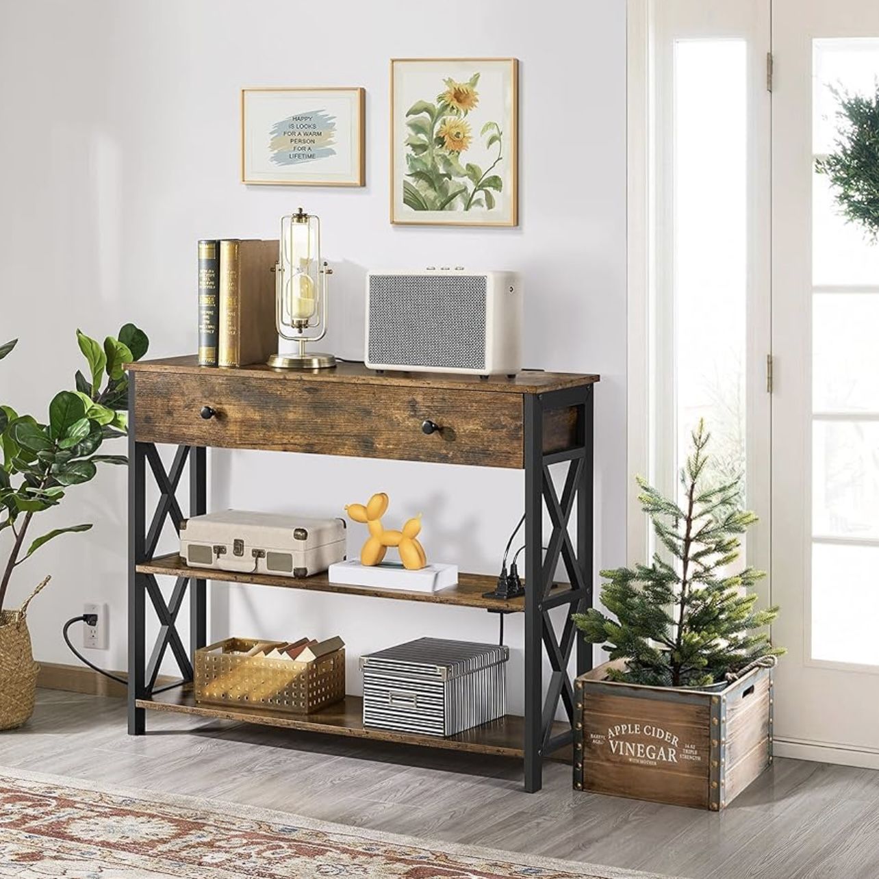 Console Table with 2 Outlets and 2 USB Ports, Industrial Entryway Table with Drawer and Storage Shelves, Narrow Sofa Tables with Metal Frame for Livin