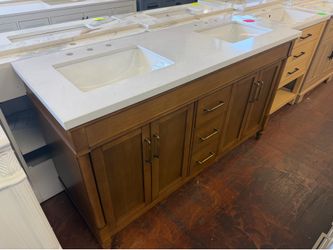 Salisbury 60 in. Double Sink Freestanding Almond Latte Bath Vanity with White Engineered Marble Top