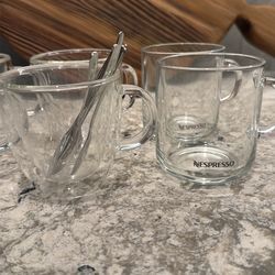 6 Nespresso and Espresso coffee cups and spoons