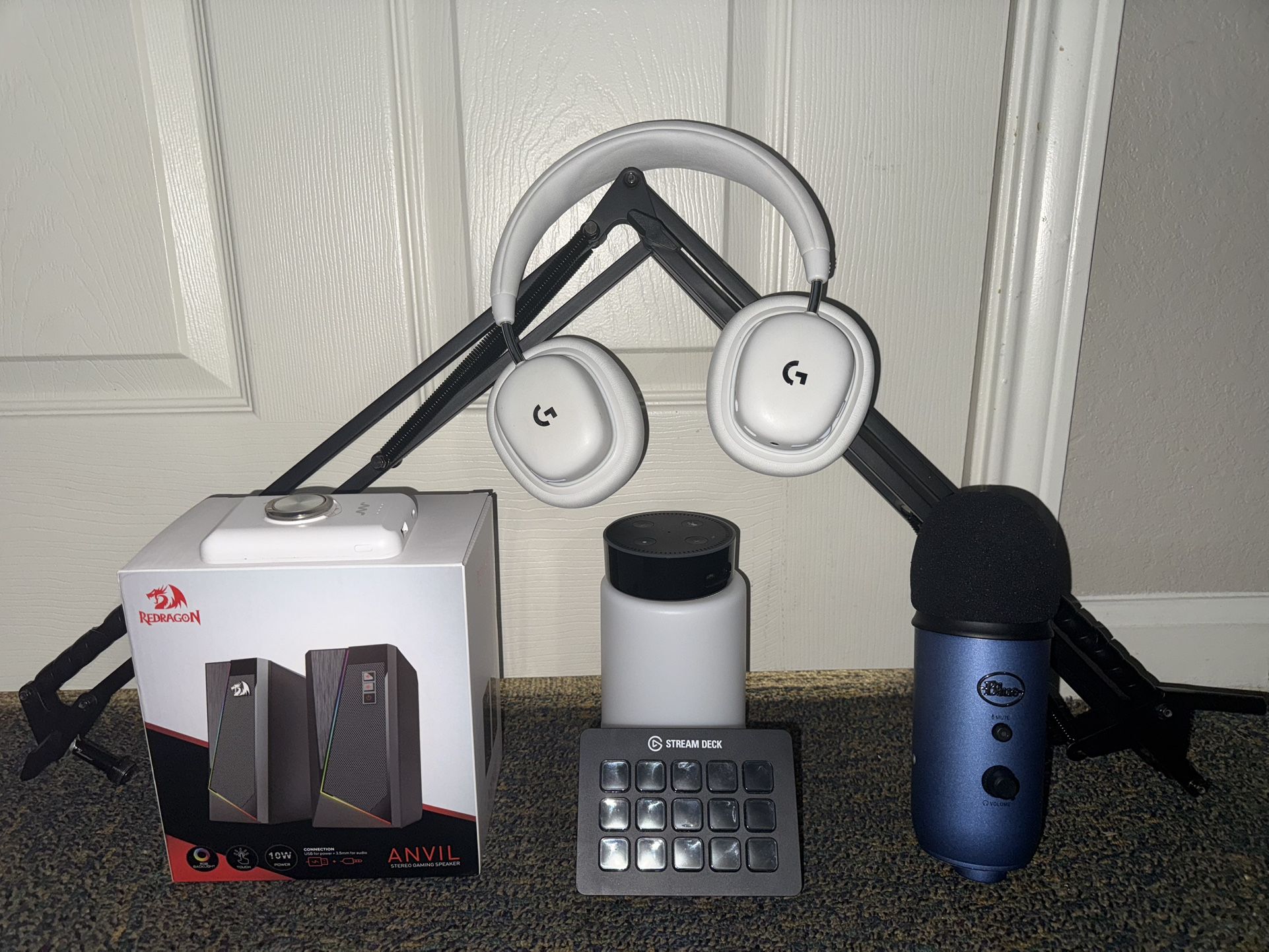 Blue Yeti setup, Logitech G735 , Stream Deck, Speakers, Echo Dot