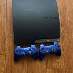 PlayStation 3 With 2 Blue PS3 Controllers $200