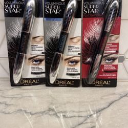 L'Oreal Paris Voluminous Superstar Waterproof Mascara, Black; or non-waterproof Flash-reflecting Black, or Black Brown. New