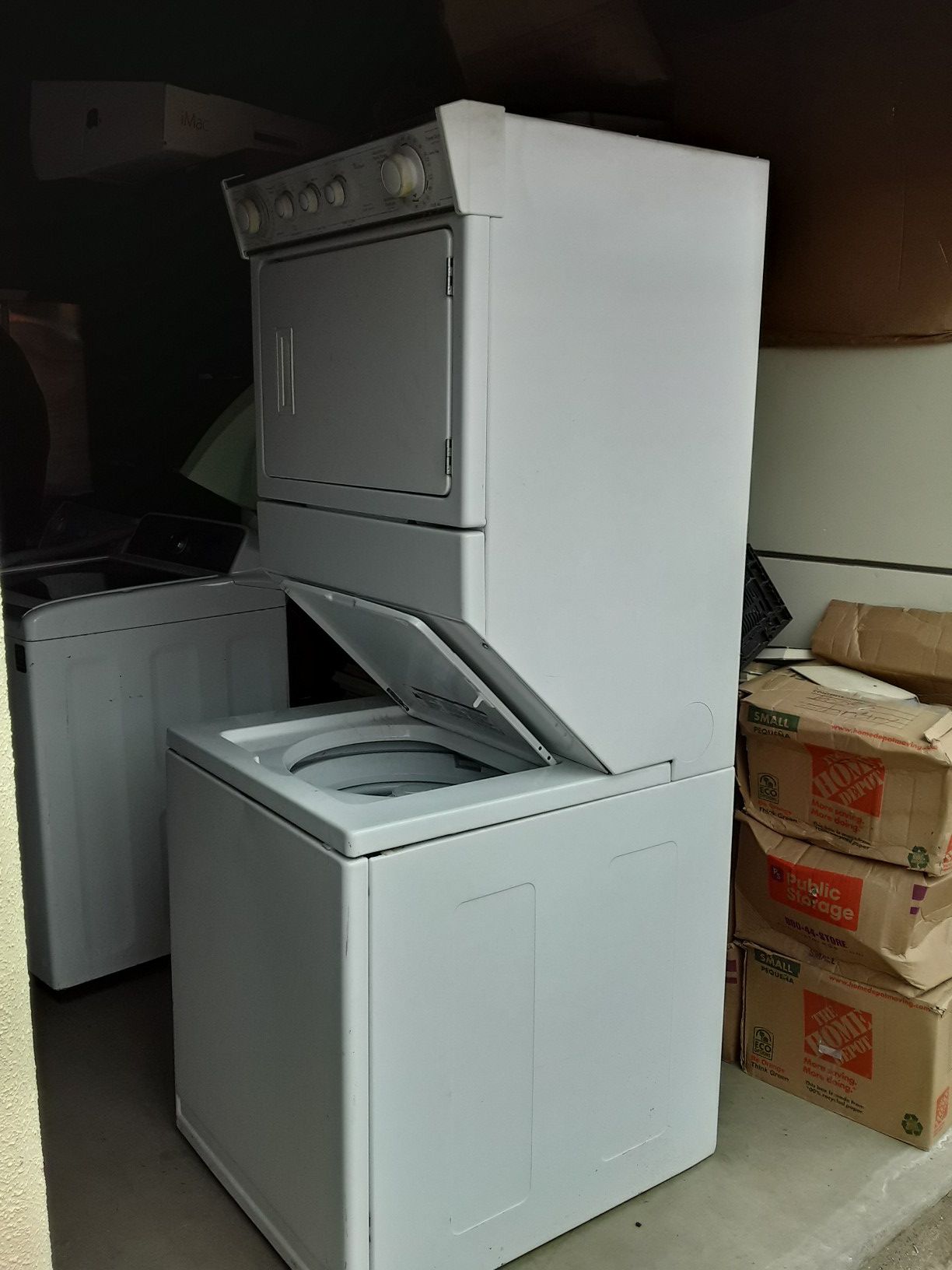 Full size stackable washer and dryer it is in my storage works good I need to get rid of the storage