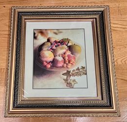 Vintage-style Fruit 3D Art print with ornate gold/black wood frame 17 x15