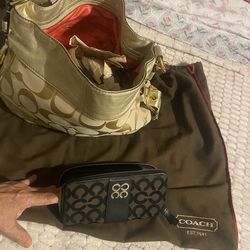 Beige / Gold Lrg  AUTHENTIC  COACH PURSE  $80 &  Black  Coach wallet $20