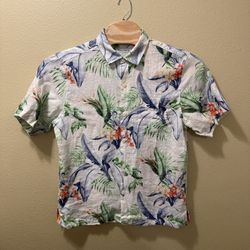Men’s Large Tommy Bahama 100% Linen White Multicolor Hawaiian Floral Shirt