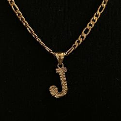 Gold Figaro Chain Necklace + Block Letter Pendant (J) 