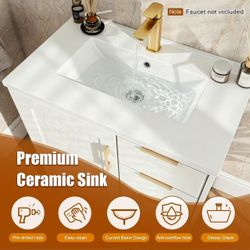 30-inch bathroom vanity with sink, freestanding, white  
Integrated ceramic sink