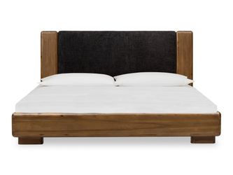 Boka Chenille Upholstered Acacia Wood Eastern King Platform Bed in Black and Impala