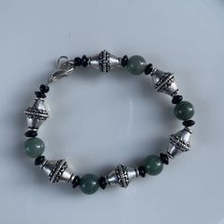 Beaded Bracelet, Silver Tone And Jade