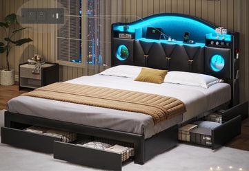 California King Bed Frames with 6 Storage Drawers, with Headboard, LED Lights & Charging Station, PU ,Black
