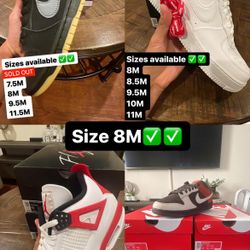 Size 8M Supreme Air Force White, Nike Dunk Low Red Panda & Fog SB, Air Jordan 4 Red Cement, 