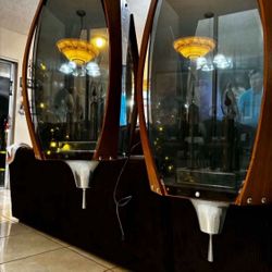 Pair Of Vintage Mid-Century Modern Smoked Acrylic, Walnut and Chrome Pendant Light