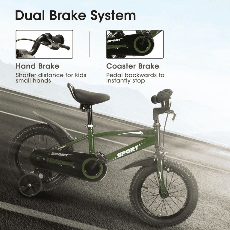 16 in Green Kid Bike Kickstand with Training Wheels Children Bikes Boys Girls