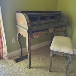 Roll Top Vanity & Bench Chair With Five Drawers For Sale 