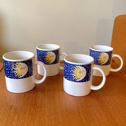 Vintage 90's Celestial Sun Moon Stars Mugs Set Of Four (4) by Majesticware Whimsy Whimsygoth