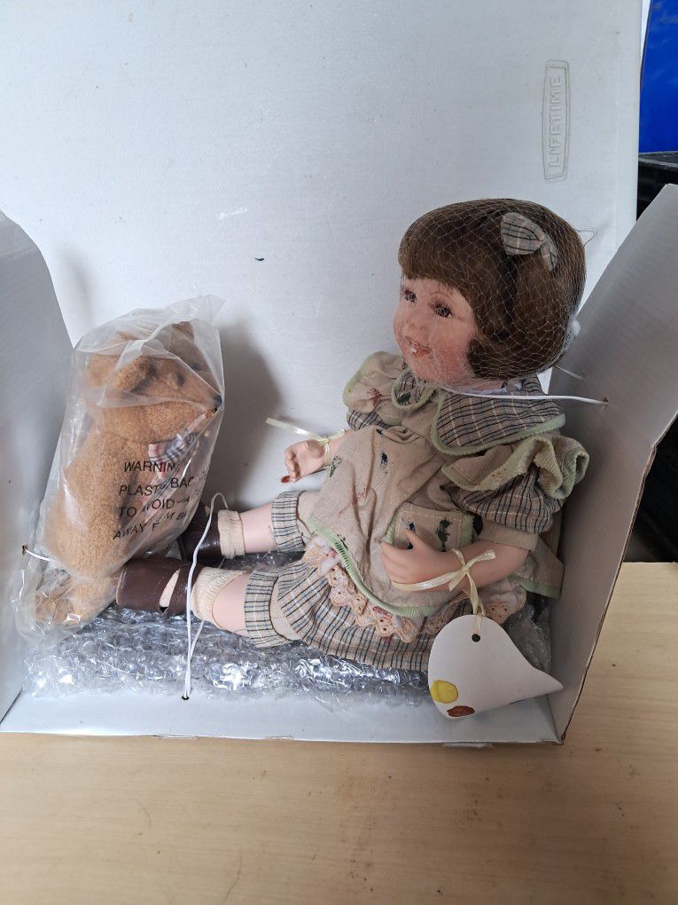 Collectible 9” Ceramic Doll & Bear