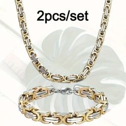 2-Pcs Durable & Stylish Uniquely Crafted 2-Tone Titanium Byzantine 24"Byzantine Necklace & Bracelet Set 