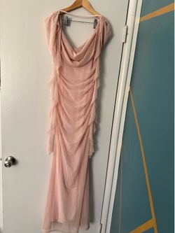 Cider Cowl Neck Solid Ruffle Hem Ruched Pink Maxi Dress