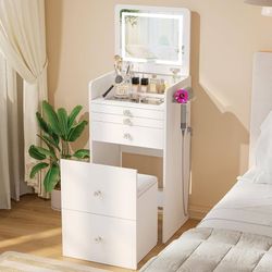 3-in-1 Vanity Desk with Flip Top LED Light Mirror and Glass Desktop, Small Makeup Vanity with 3 Drawers, Compact Dressing Table with Stool for Bedroom