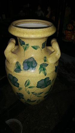 Yellow vase with flowers 10 in by 4 in