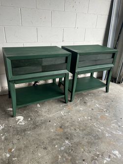 Pair of Forest Green Mid Century Modern Nightstands with Drawers and velvet with jewelry organizer Can deliver &