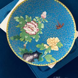 Vintage Exquisite Handcrafted Cloisonné Turquoise Decorative Floral Plate