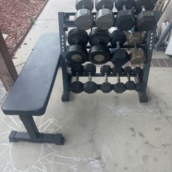Dumbbells weights 10-60 plus rack 540lbs total and flat bench