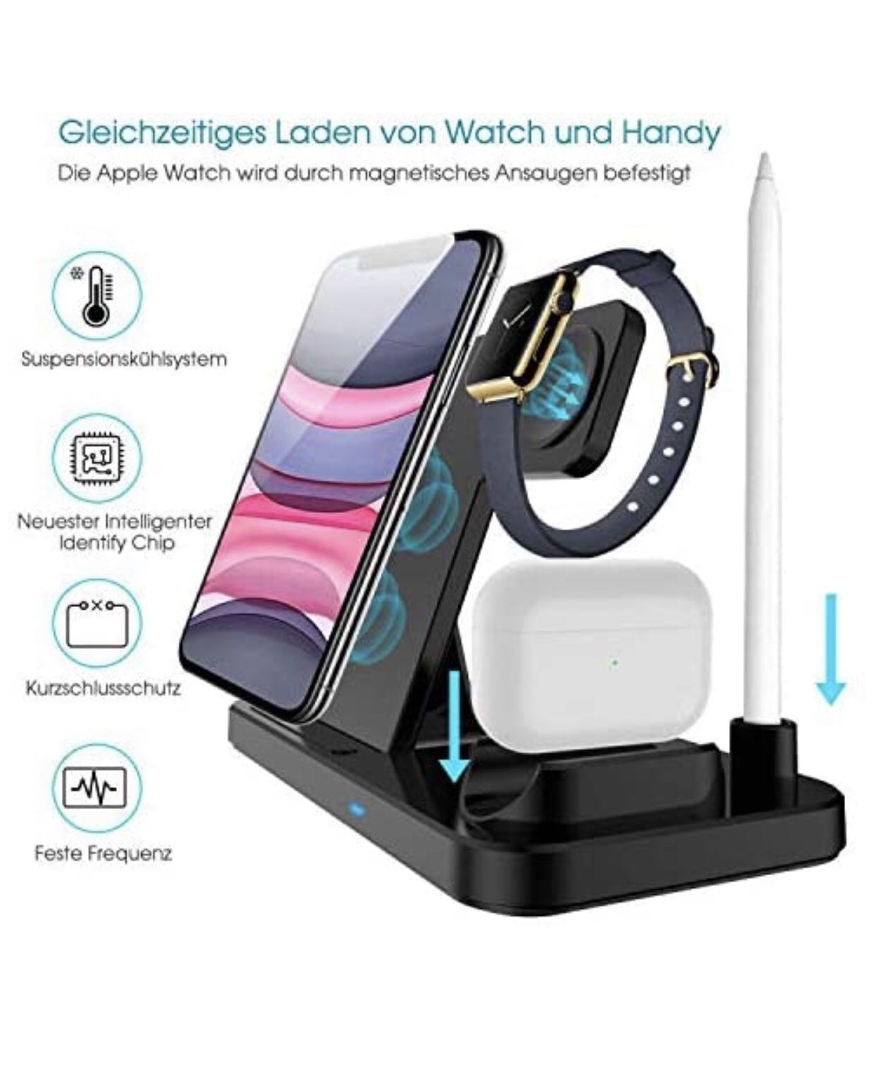 Wireless Charger, QI-EU 4 in 1 Qi-Certified Fast Charging Station Compatible Apple Watch Airpods Pro iPhone