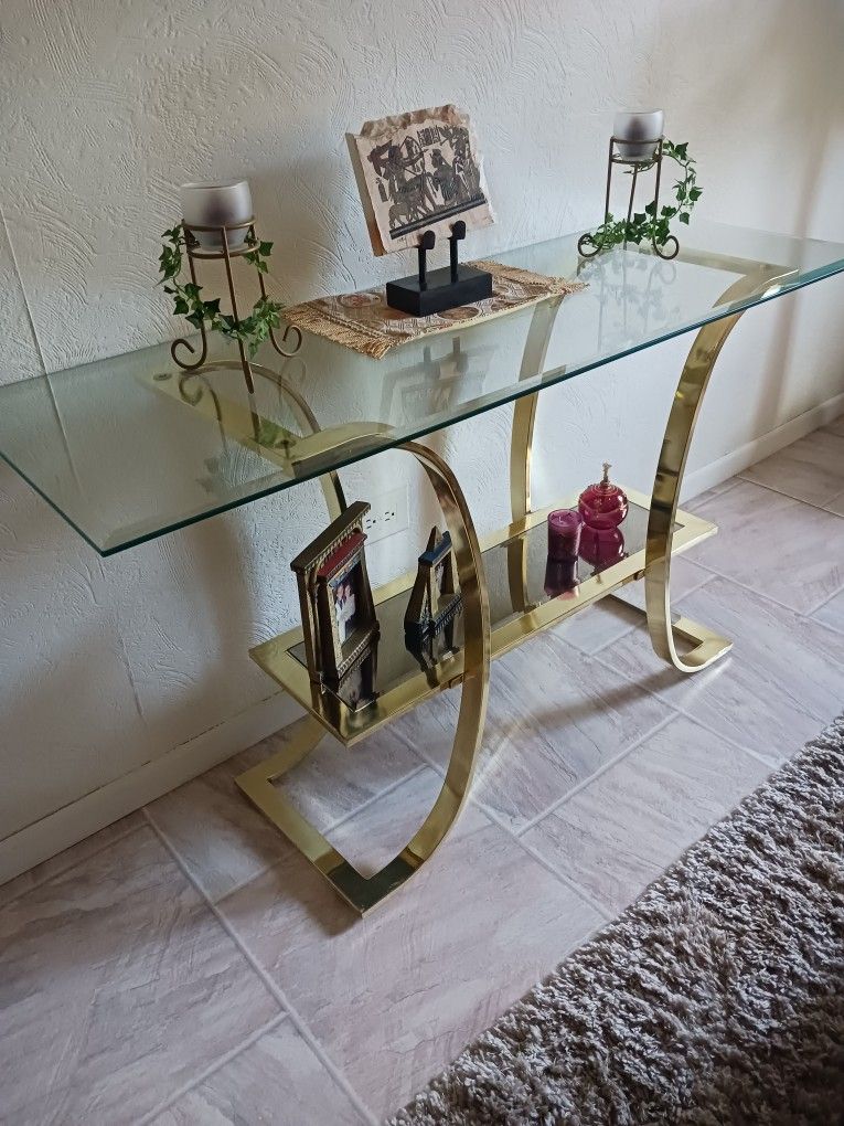 Bras Metal And Glass Cosule Table Coffee Table End Table Matching Set