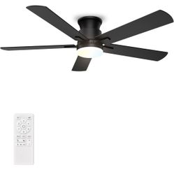 Ceiling Fans with Lights 52 Inch, Flush Mount, Remote Control, 3CCT Dimmable, 6 Speeds, Quiet Reversible DC Motor, Low Profile Hugger Ceiling Fan for 