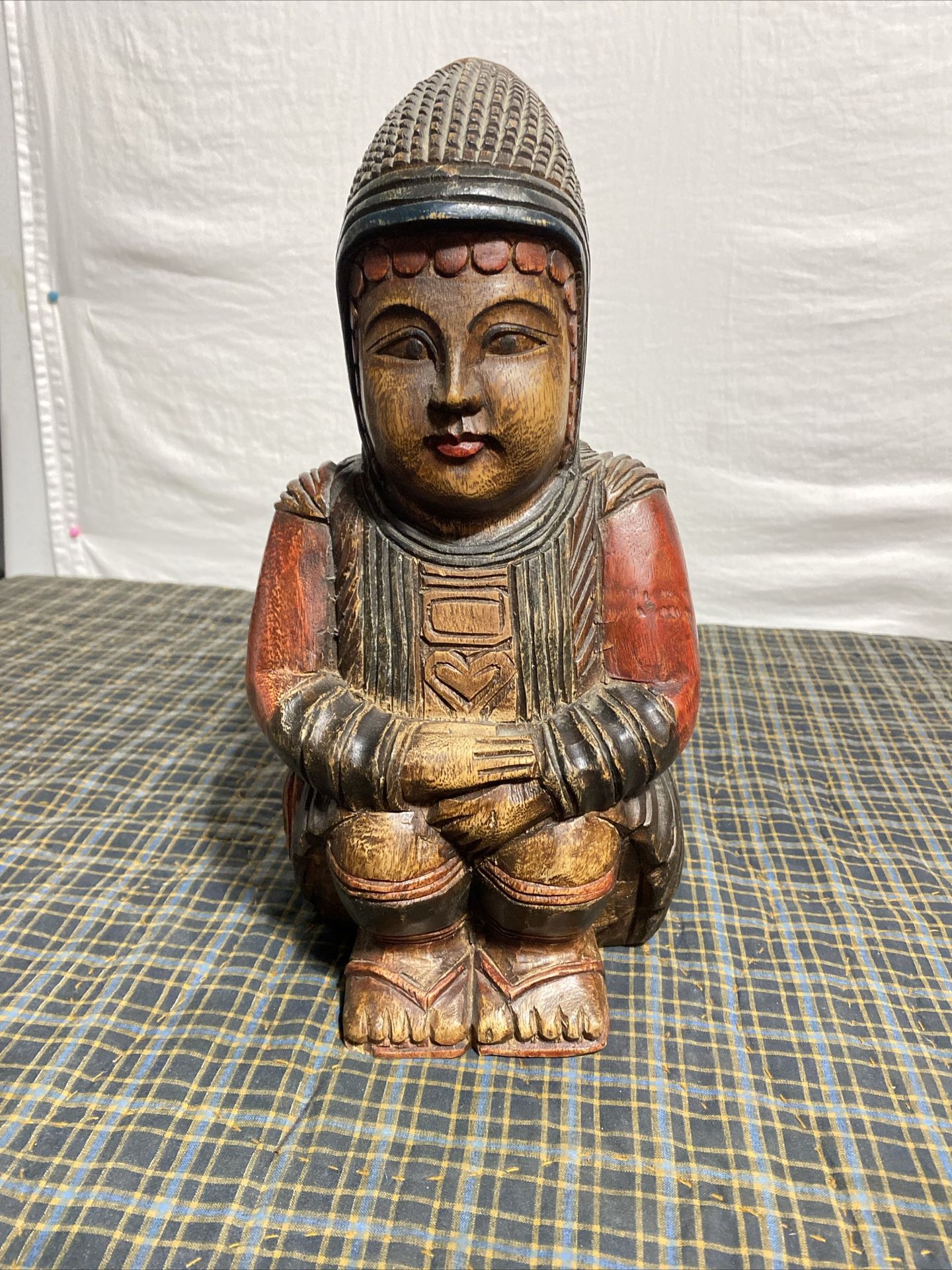 Hand Carved Wood Art Girl Figurine Basket Holder Statue Sculpture Vintage Collectible Collectibles & Art