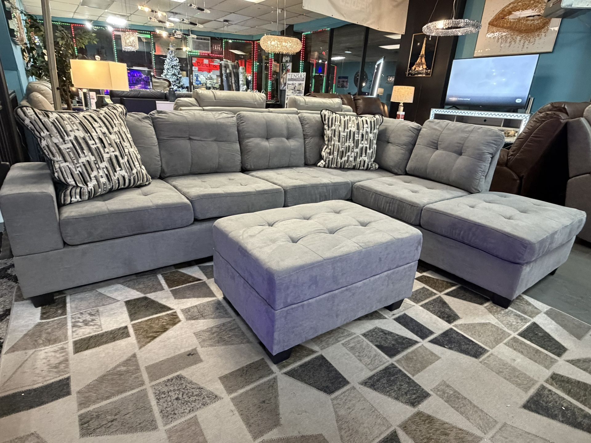 Going Fast!! Cozy Sectional With Drop Down Console With Cupholders – now with a FREE Storage Ottoman!