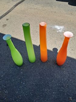 Vintage MCM Scandinavian Style Glass Vase Lot Orange Green Layered Cased 4pc.