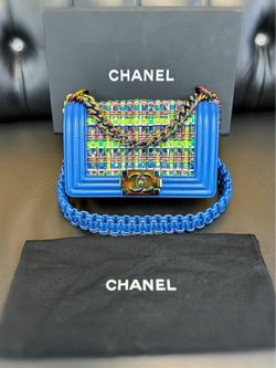 Chanel Old Small Boy Flap Bag Blue Rainbow Woven PVC with Lambskin Multicolor Gradient